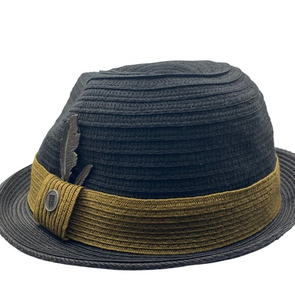 Hats in the Belfry HIB Galiano Fedora XL Black Mustard Band Metal Feather Accent - Picture 8 of 15